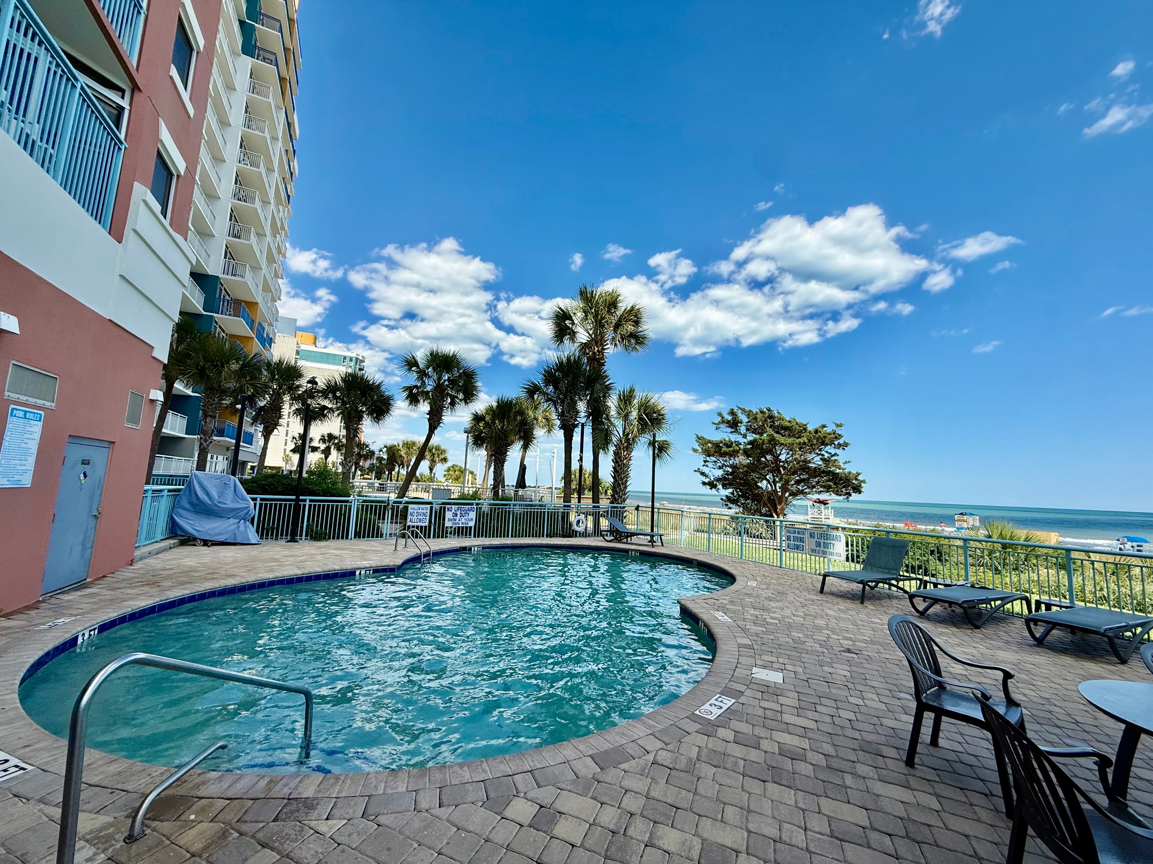 Round outdoor pool with palm trees and ocean view